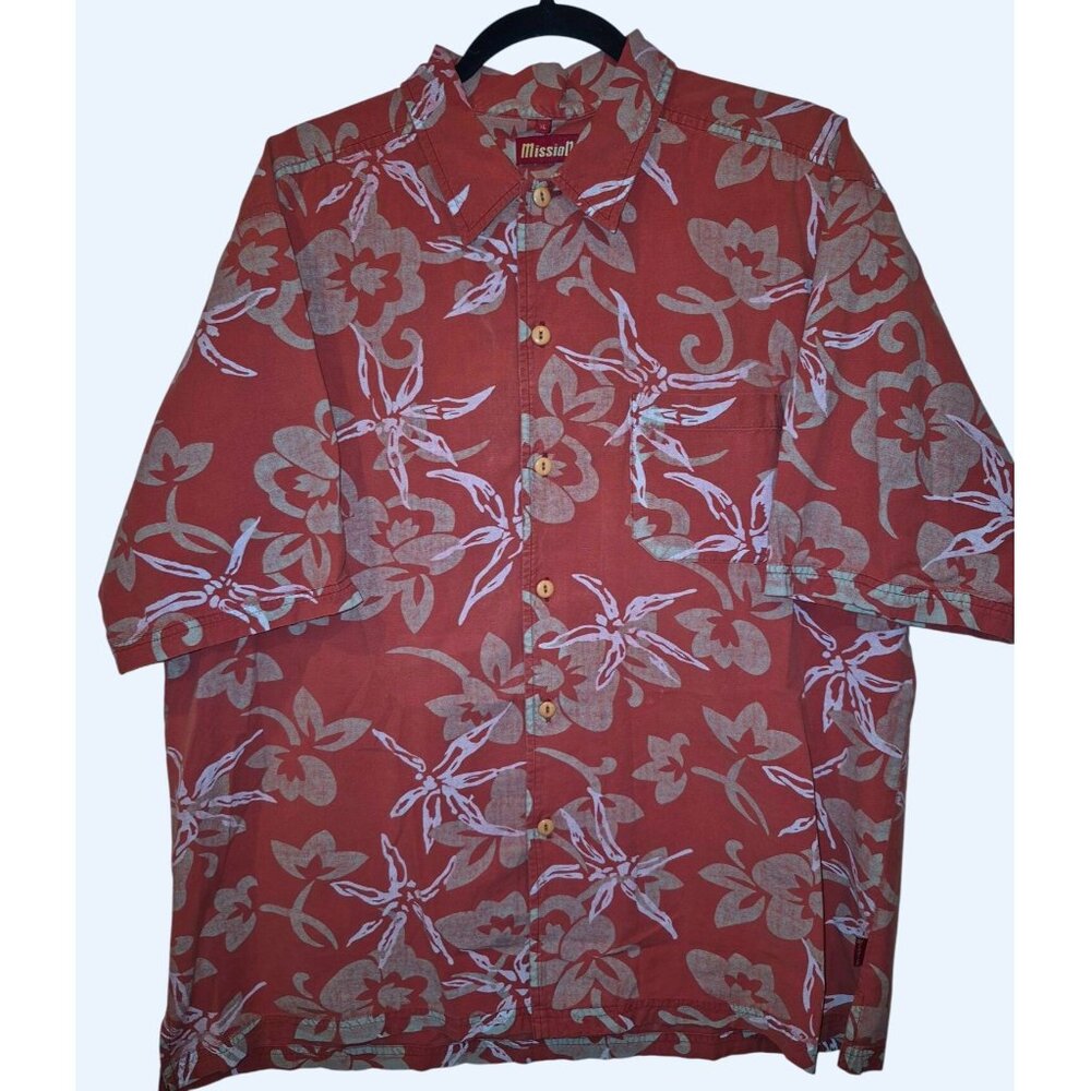 Mens XL Mission Button Down Floral Hawaiian Shirt Maroon
